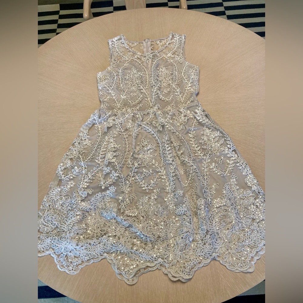 Soieblu - Silver sequin lace dress - SZ M - dressy - zipper back